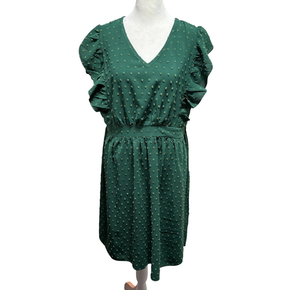 Emerald Green Swiss Dot Ruffle Sleeve V-Neck‎ Mini Dress Womens L #K70